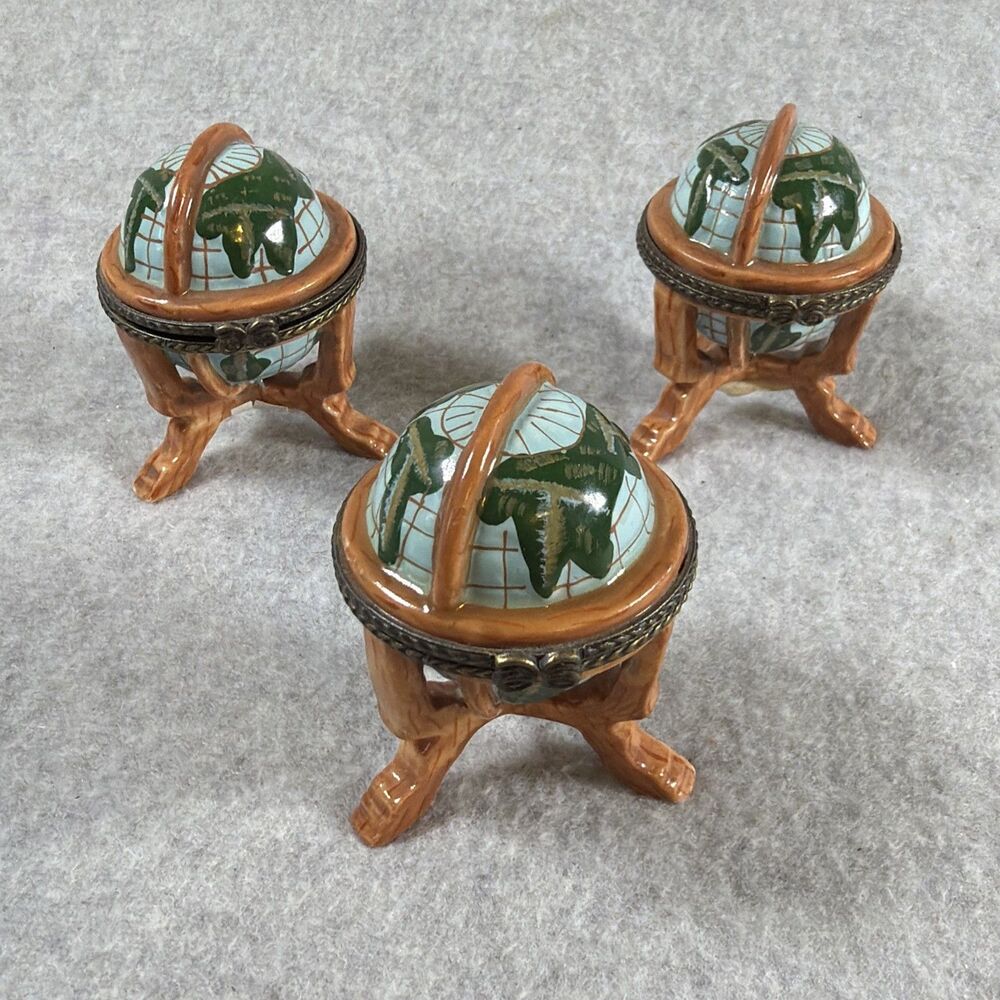 Vintage Set Of 3 Hand Painted Ceramic Miniature World Hinged Trinket Boxes Globe
